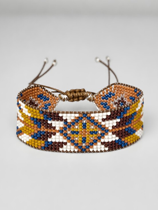 Handmade Jewelry - Handmade Geo Southwestern Beaded Bracelet Bohemian Jewelry Brown Blue
